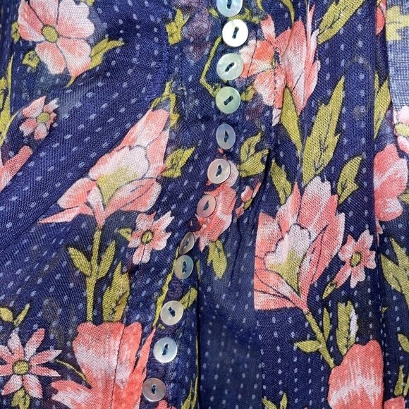 Free People peasant top short sleeve flutter raw edge floral viscose navy medium - Picture 2 of 9